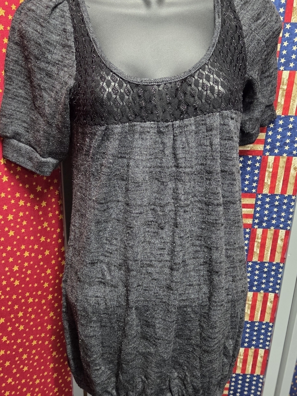 **Charcoal Knit Short Sleeve Tunic with Lace Yoke**